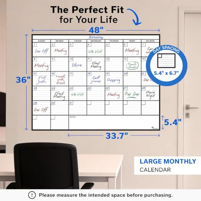 Large Dry Erase Calendar for Wall 36x48, Big Classroom Giant Month, Undated Reusable Family Monthly, Rolled Whiteboard White Board, Calendar Dry Erase Planner for Wall Erasable Large Office 48x36 - size: 48"W x 36"H