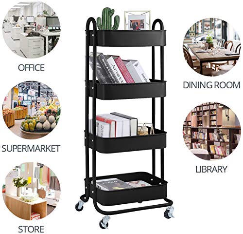 4-Tier Metal Mesh Utility Rolling Cart Storage Organizer Shelf Rack with Lockable Wheels for Living Room Kitchen Office, Black - color: B-black