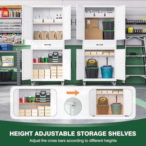 Letaya Metal Garage Storage Cabinets with Wheels,White Rolling Tool Cabinet - color: White, size: 15.7” D x 32” W x 73” H