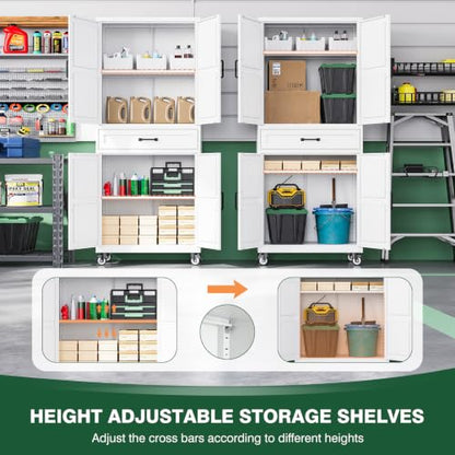 Letaya Metal Garage Storage Cabinets with Wheels,White Rolling Tool Cabinet - color: White, size: 15.7” D x 32” W x 73” H