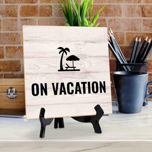 On Vacation 5"x 5" Square Table Sign With Acrylic Easel | General Office Notices & Business Table Signs - color: On Vacation