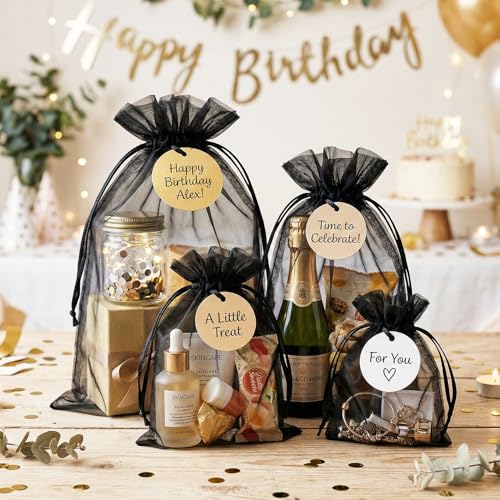 FUNFERY 100Pcs Black Organza Bags 5x7 in,Small Mesh Drawstring Gift Bag - color: Classic Black