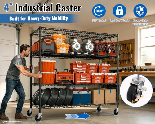 Heavy Duty Garage Shelving with Wheels: 55.5" W x 24" D x 81" H 4 Tier Wire Metal Storage Shelves, Adjustable NSF Commercial Shelf, Rolling Tote Rack Organizer for Pantry, Warehouse, Black - size: 55.5"W x 24"D x 81"H