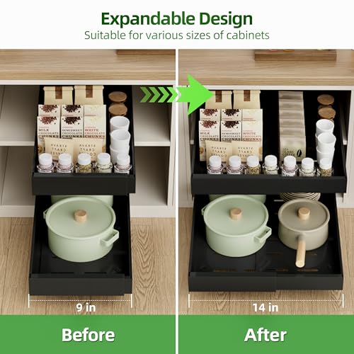 PAKETA 4 Pack Expandable Pull Out Cabinet Organizer,21" Deep - color: Black, size: 21"D X 9-14"W (4 Pack)
