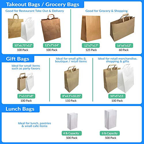 Reli. Paper Grocery Bags w/Handles | 100 Pcs Bulk Pack (12"x7"x14")