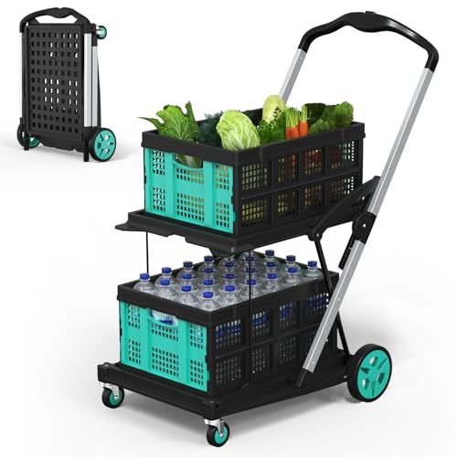 Collapsible Shopping Cart, Foldable Shopping Cart with 2 Storage Crates, 350 LBS Capacity 2-Tier Multi Use Heavy Duty Adjustable Grocery Carts for Supermarket, Office and Outdoor