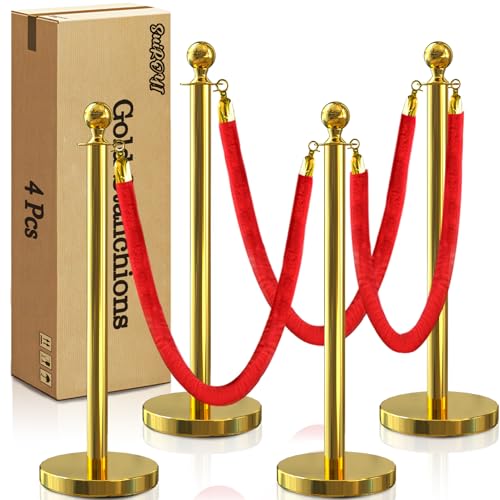 4 Pcs Gold Stanchions with Velvet Ropes with 3 Pcs 5 Ft Red Velvet Ropes Carpet Ropes Posts Stanchion Set for Crowd Control Barriers for Weddings, Events, Hotels, and Party Decor - color: Gold, size: 4