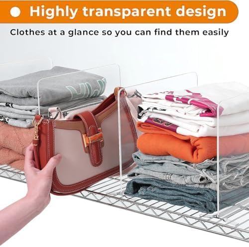 6 Pack Shelf Dividers for Wire Shelves, Acrylic Clear Closet Organizers and Storage for Sweater, Shirts, Bookshelf Handbags Separators Dividers for Closet Organization in Bedroom/Kitchen/Office/Pantry