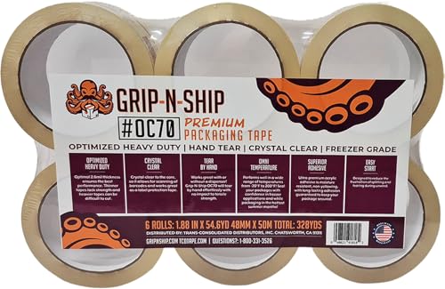 OC70 Premium Crystal Clear, Hand Tear, Freezer Grade, Superior Adhesive Heavy Duty Packaging Tape for Shipping, Mailing, & Moving, Made in USA - 6 Rolls, 328 Yards - 1.88 inches x 54.6 YD