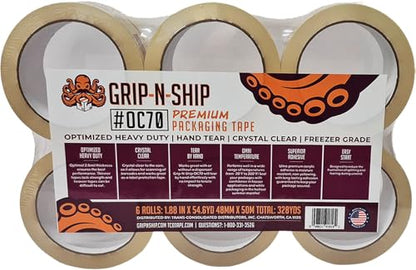 OC70 Premium Crystal Clear, Hand Tear, Freezer Grade, Superior Adhesive Heavy Duty Packaging Tape for Shipping, Mailing, & Moving, Made in USA - 6 Rolls, 328 Yards - 1.88 inches x 54.6 YD