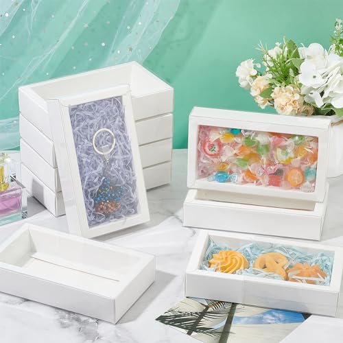 NBEADS 12 Pcs Rectangle Drawer Kraft Boxes, 5.5x2.7x1.26 Inch Gift Packaging Case Foldable Paper Drawer Boxes with Clear Plastic Cover for Party Favor Treats Candy and Jewelry Crafts, White - color: White