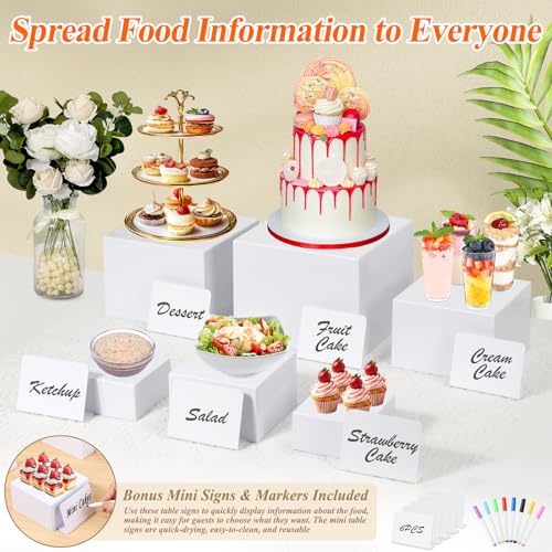 White Acrylic Buffet Risers and Stand Food Risers with Mini Sign and Maker - color: 8" 7" 6" 5" 4" 4"