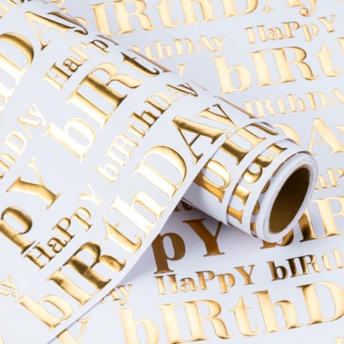 WRAPAHOLIC 30 Inch 3D Kraft Birthday Wrapping Paper Roll - 30 Inch x 16.5 Feet - Gold and White Happy Birthday Wrapping Paper with Embossed Perfect for Holiday, Party Celebration - color: White & Gold Happy Birthday, size: 30 inch x 16.5 feet