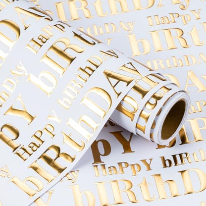 WRAPAHOLIC 30 Inch 3D Kraft Birthday Wrapping Paper Roll - 30 Inch x 16.5 Feet - Gold and White Happy Birthday Wrapping Paper with Embossed Perfect for Holiday, Party Celebration - color: White & Gold Happy Birthday, size: 30 inch x 16.5 feet