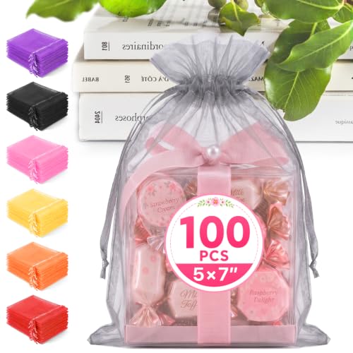 ANZNKU 100PCS Organza Bags 5x7 Grey Small Gift Mesh Drawstring Goodie Bags - color: Grey