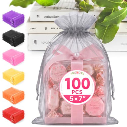 ANZNKU 100PCS Organza Bags 5x7 Grey Small Gift Mesh Drawstring Goodie Bags - color: Grey