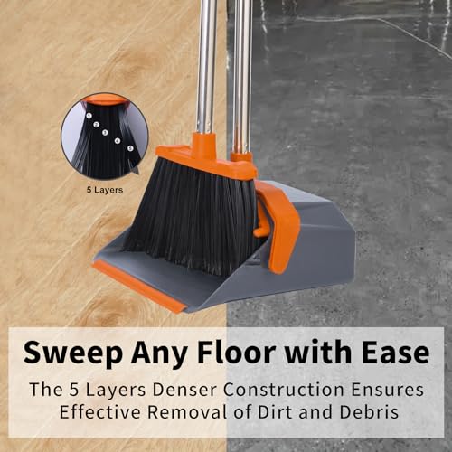 Broom and Dustpan Set for Home, 51" Long Handle Standing Pan Grey Orange - color: Orange and Grey