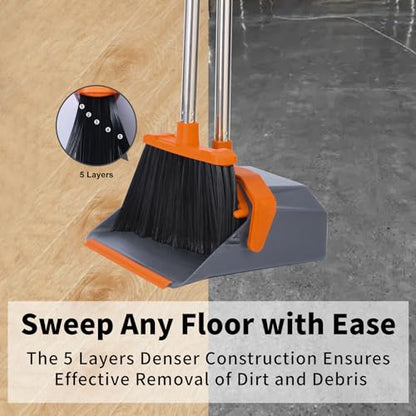 Broom and Dustpan Set for Home, 51" Long Handle Standing Pan Grey Orange - color: Orange and Grey