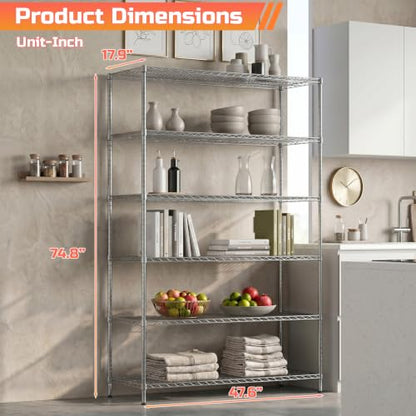 FDW | 6-Tier Wire Shelf with Wheels | 48" x 18" x 76" | Chrome - color: Chrome, size: 48×18×76