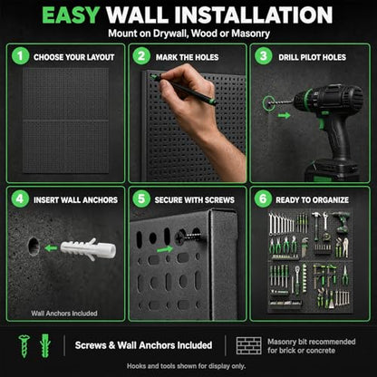 6 Pack Peg Board, 16×12" Black Metal Pegboard Wall Panels for Garage - size: 6 Pack-Square