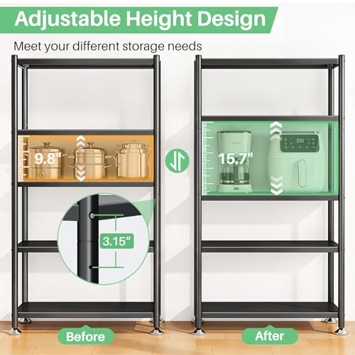 5 Tier Adjustable Storage Shelves, Heavy Duty Metal Storage Rack with Wheels, Shelving Units Utility Shelf for Kitchen, Pantry, Bathroom, Garage, Office Organization and Storage, Black, 13"x24"x59.7" - size: 24"L x 13"W x 59.65"H