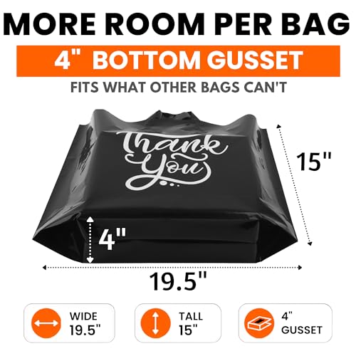 19x15 Large Thank You Bags for Small Business - Shopping Bags with Handles - color: Black