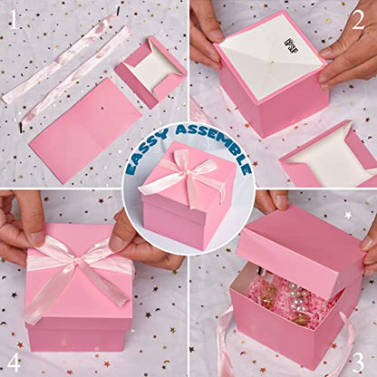 Gift Box with Lid & Ribbon for present, 12pcs, Pink, 4"×4"×4" - color: Pink, size: 4 x 4 x 4 Inch