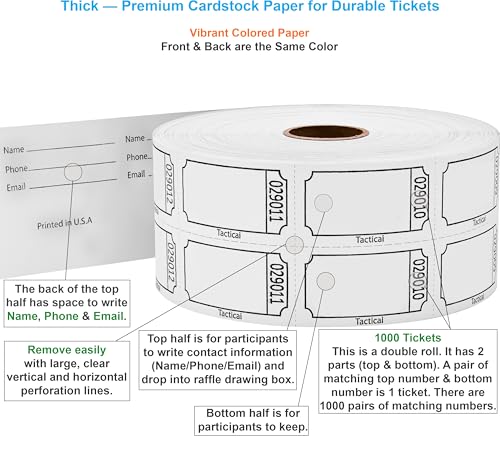 Tacticai 1000 Blank Raffle Tickets, 50/50 Double Roll, White - color: B - Double Roll - 1,000 Tickets - Blank - White