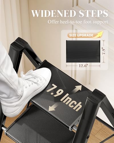 3 Step Ladder, Foldable Aluminum Step Stool with Anti-Slip Pedal - color: Black, size: 3 Step