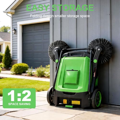 43" Walk-Behind Hand Push Floor Sweeper, 15 Gallon Waste Container, 46000 Sq Ft/H Efficiency, Angle & Height Adjustable Folding Handle for Yard, Garage, Patio & Walkway Cleaning - color: Green