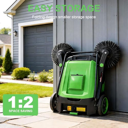 43" Walk-Behind Hand Push Floor Sweeper, 15 Gallon Waste Container, 46000 Sq Ft/H Efficiency, Angle & Height Adjustable Folding Handle for Yard, Garage, Patio & Walkway Cleaning - color: Green