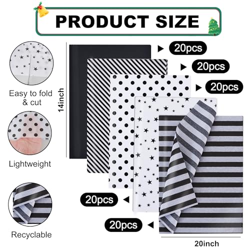 BEISHIDA 100 Sheets Black White Tissue Paper Bulk for Gift Wrapping Bags - color: 5bws100