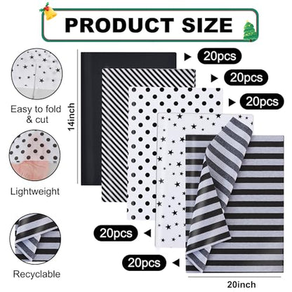 BEISHIDA 100 Sheets Black White Tissue Paper Bulk for Gift Wrapping Bags - color: 5bws100