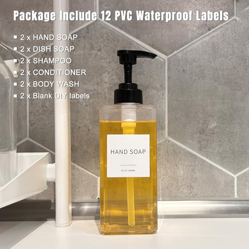 Clear Soap Dispenser with Waterproof Labels, Thickened Plastic Hand Soap Dispenser for Bathroom, Kitchen Dish Washing Liquid Bottles, Shampoo and Conditioner Bottles with Funnel (22oz 2Pack Clear) - color: 22oz 2pack Clear