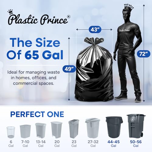PLASTIC PRINCE 55-65 Gallon Trash Bags with Flap Ties 2 Mil Heavy Duty Fits Rubbermaid Brute Rollout 32-55 Gal Trash Cans 43" x 49" Large Durable Garbage Trash Can Liners, Black 20 of Pack - style: 2 Mil Black | 20 Bags