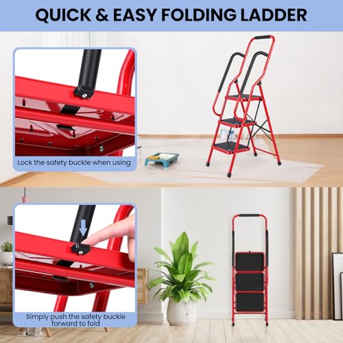 Step Ladder 3 Step Folding with Handrails, Folding Step Stool with Wide Anti-Slip Pedal, Sturdy Steel Portable Ladder, Lightweight Step Stool Foldable for Library Home Garage Office,Red - size: 3 Step