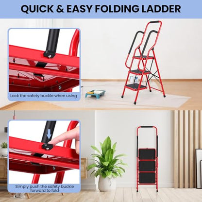Step Ladder 3 Step Folding with Handrails, Folding Step Stool with Wide Anti-Slip Pedal, Sturdy Steel Portable Ladder, Lightweight Step Stool Foldable for Library Home Garage Office,Red - size: 3 Step