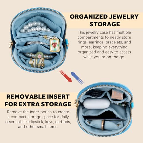 Velvet Travel Jewelry Pouch, 2-in-1 Case with Detachable Insert - color: Teal Blue