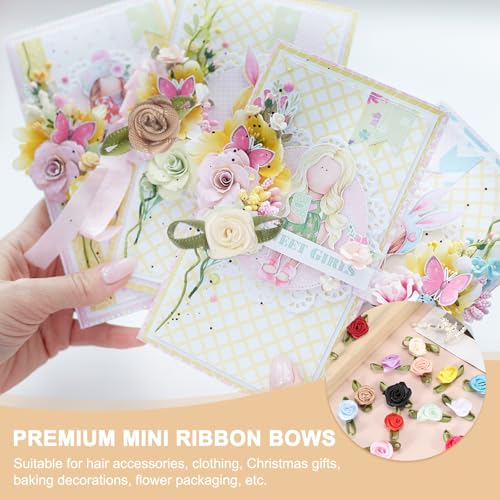 MECCANIXITY 100pcs Pink Ribbon Roses 5/8"x1-3/16" Mini Roses for Crafts Little Satin Bows Roses Artificial Flowers - color: Pink