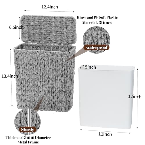 Coeusy Wicker Trash Can with Lid & Liner, Small Bathroom Waste Basket, Grey - color: grey