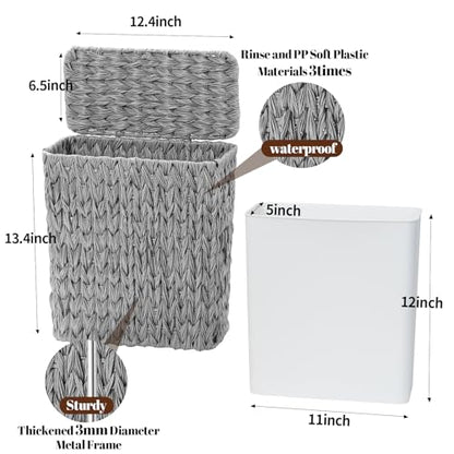 Coeusy Wicker Trash Can with Lid & Liner, Small Bathroom Waste Basket, Grey - color: grey