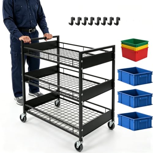 34" Extra-Wide Heavy-Duty 3-Tier Metal Utility Cart on Wheels for Warehouse - color: Premium Black