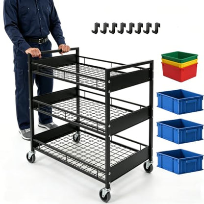 34" Extra-Wide Heavy-Duty 3-Tier Metal Utility Cart on Wheels for Warehouse - color: Premium Black