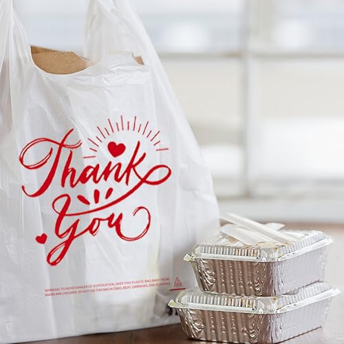 300 Pack Upgraded White Thank You T-Shirt Bags - 11.5"x6.5"x21" Reusable Grocery Bags with Handles, Eco-Friendly Retail Packaging for Supermarket & Small Business