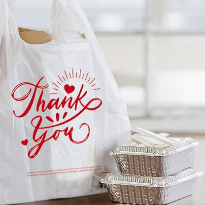 300 Pack Upgraded White Thank You T-Shirt Bags - 11.5"x6.5"x21" Reusable Grocery Bags with Handles, Eco-Friendly Retail Packaging for Supermarket & Small Business