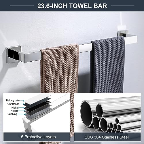 TQKAG 6-Piece Towel Bar Set, 23.6" Bathroom Hardware Set, Polished Chrome - color: Polished Chrome, size: 6-Pieces Set-A