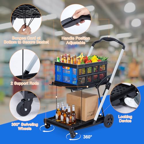 2-Tier Collapsible Aluminum Utility Cart, 198 Lb Capacity, 360° Wheels - color: Blue