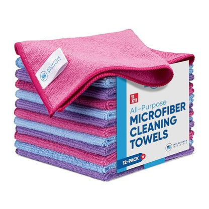 Microfiber Cleaning Cloth - 12 Pack | Better Quality All Purpose Towels | Great for Home, Clean, Dust, Polish | Soft, Absorbent, Durable | Wash 100s of Times | Pink Purple Blue - color: Pink, Purple, Blue