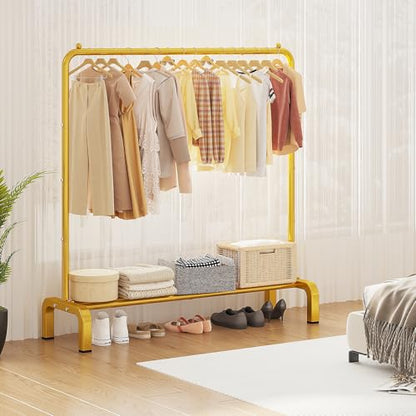 JIUYOTREE Metal 43.3 Inches Garment Rack with Bottom Shelf Clothing Rack for Hanging Clothes Coats Skirts Shirts Sweaters Gold (Pack of 2) - color: Gold, size: 43.3"W x 15.75"D x 61"H without wheels (Pack of 2)