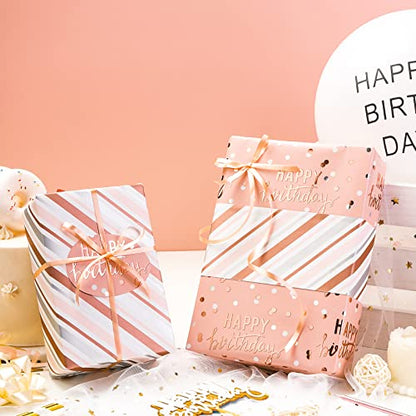 LeZakaa Reversible Pink Birthday Wrapping Paper Roll for Girls Women, Happy Birthday Lettering & Stripe Pattern with Metallic Foil in Pink, Large Roll, 30 inches x 32.8 Feet (92.9 sq.ft.) - color: Birthday - Metallic Pink, size: 30" X 32.8 ft